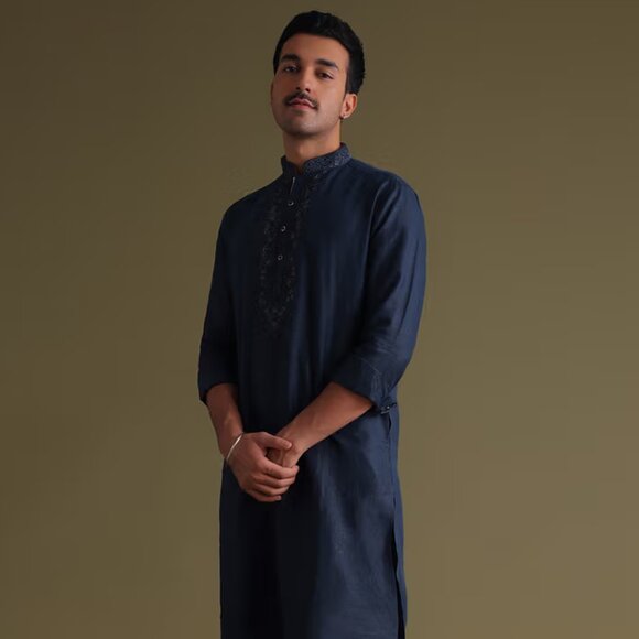 Navy Blue Thread-Embroidered Festive Kurta In Silk - Picture 1 of 3